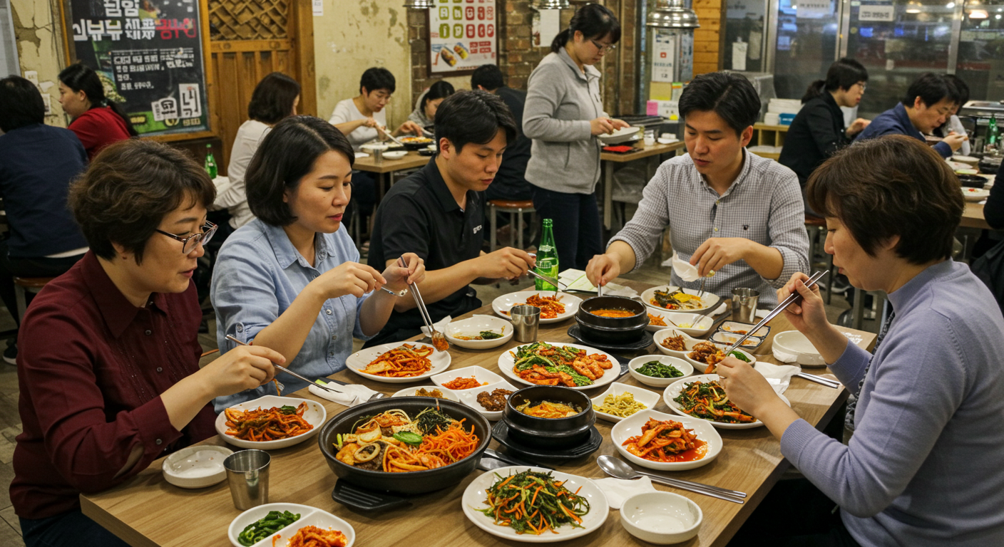 식당에서 개인 주문과 공유 음식의 계산 방법을 논의하는 모습