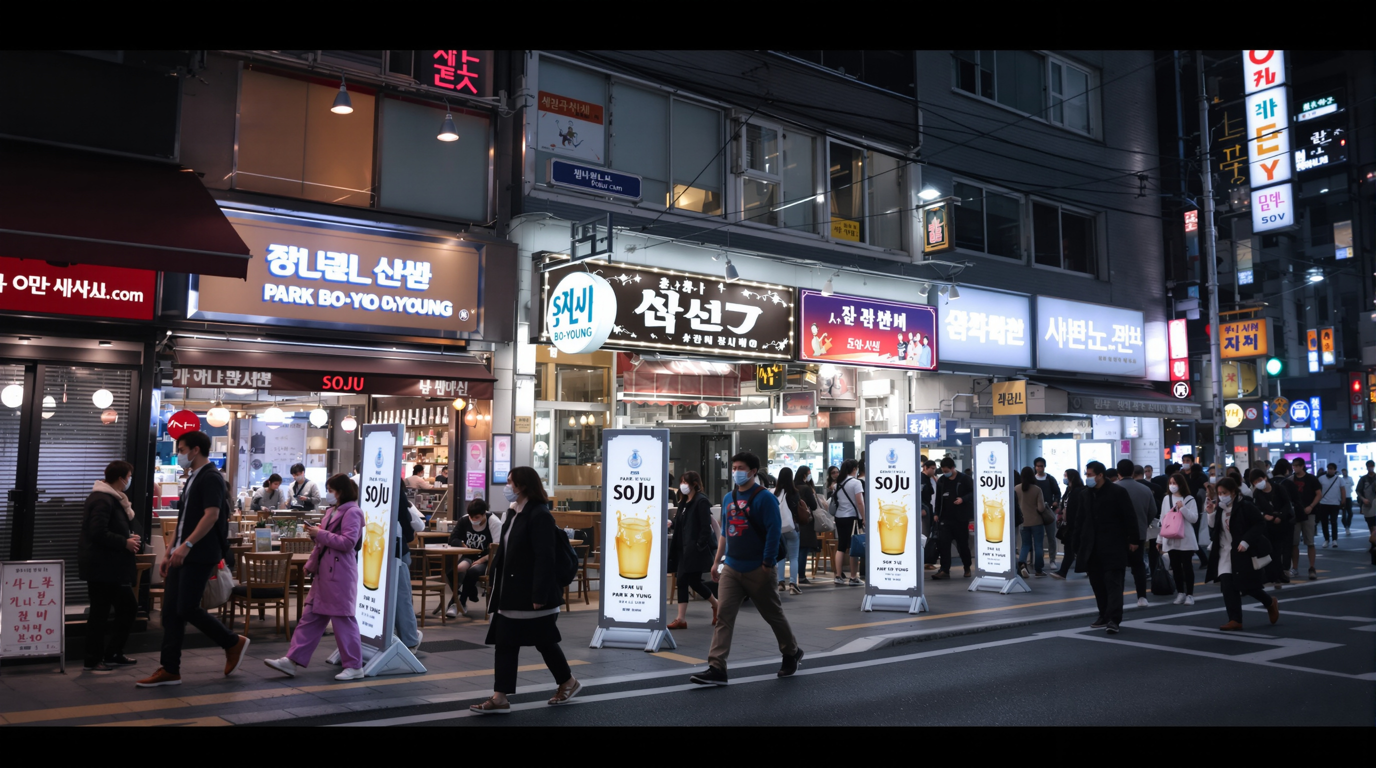 서울의 번화가에서 술집 앞에 놓인 박보영 소주 광고 등신대와 바쁜 야경