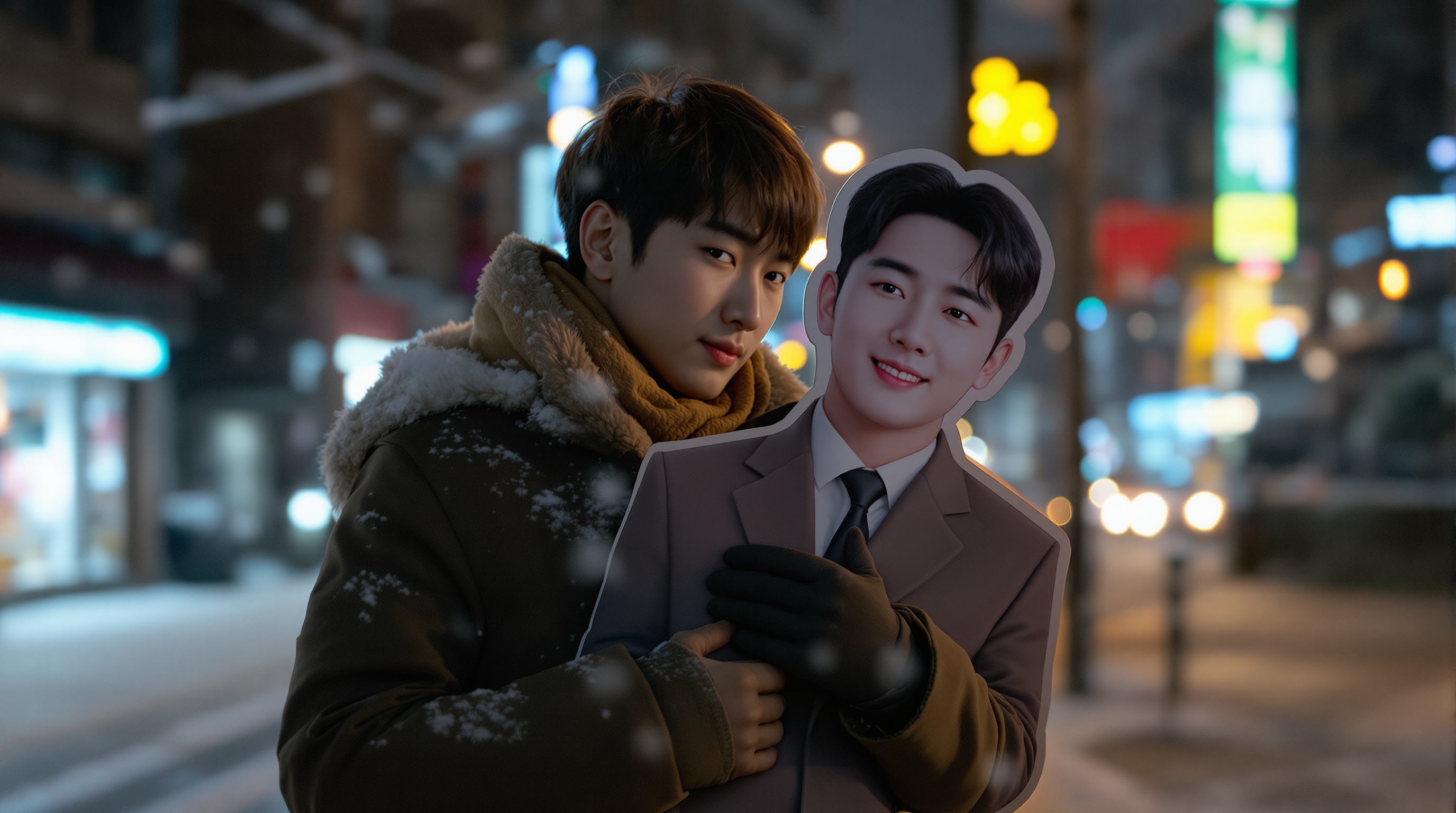 겨울 코트를 입은 남성이 눈 내리는 밤거리에서 박보영 등신대를 안고 있는 장면