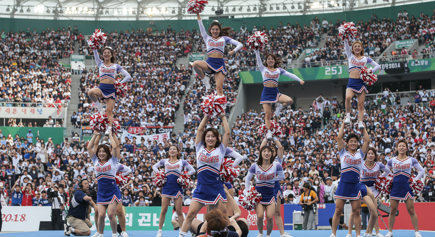 경기장에서 활기차게 응원하는 한국 치어리딩 팀의 모습