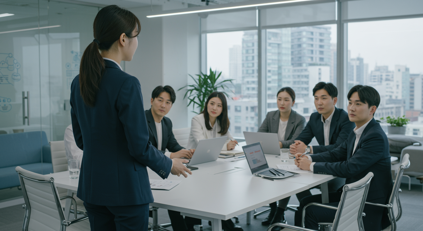 현대적인 사무실에서 팀 회의를 주도하는 젊은 여성 리더