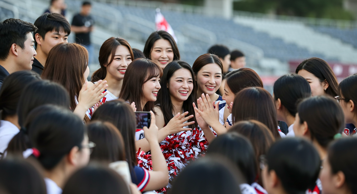 경기 후 팬들과 교류하며 미소 짓고 있는 한국 치어리딩 팀