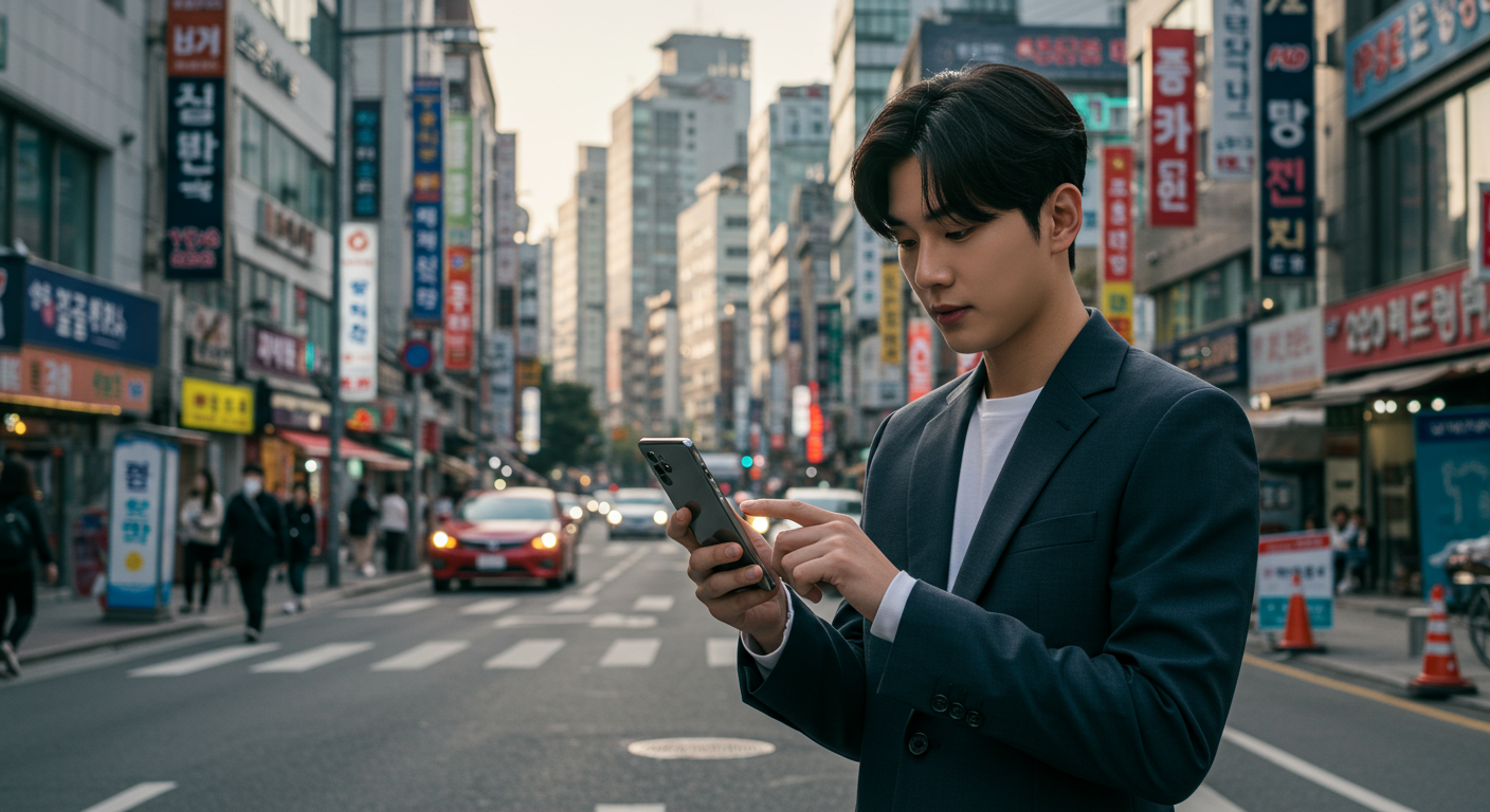 서울 거리에서 갤럭시 S26을 들고 있는 현대적인 모습의 직장인