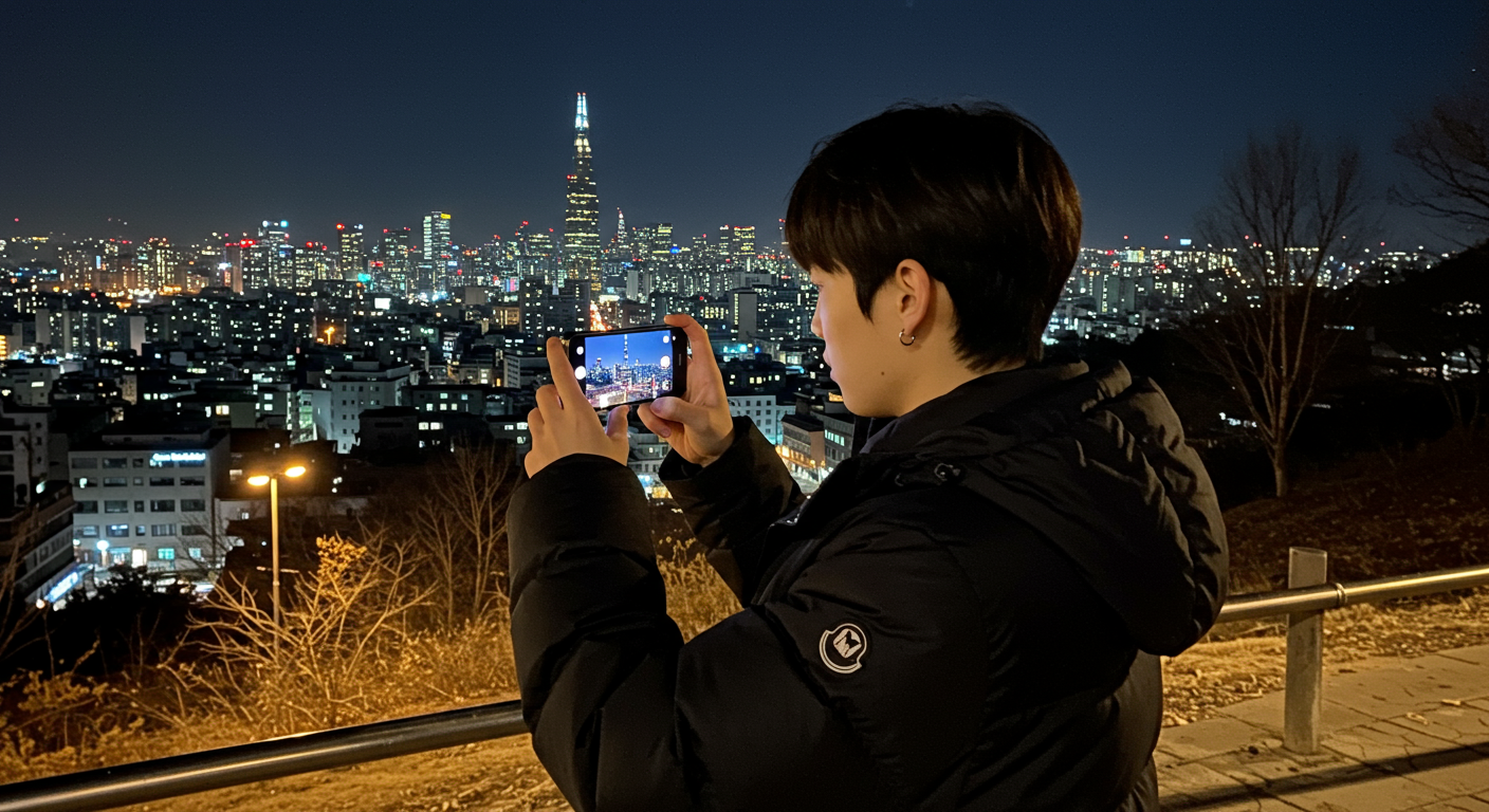 서울 야경을 갤럭시 S26으로 촬영하는 젊은 사진작가