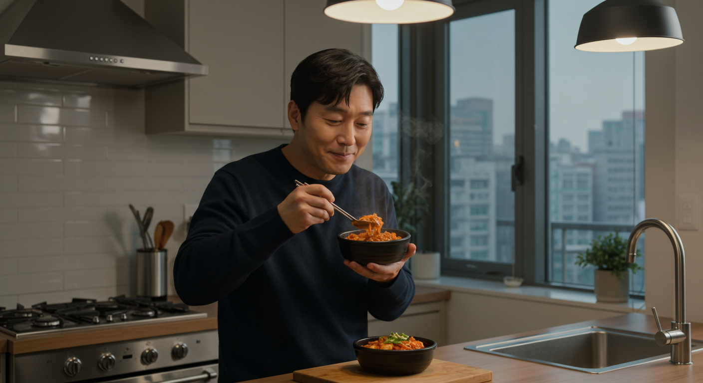 현대식 주방에서 집밥을 즐기는 배우의 모습