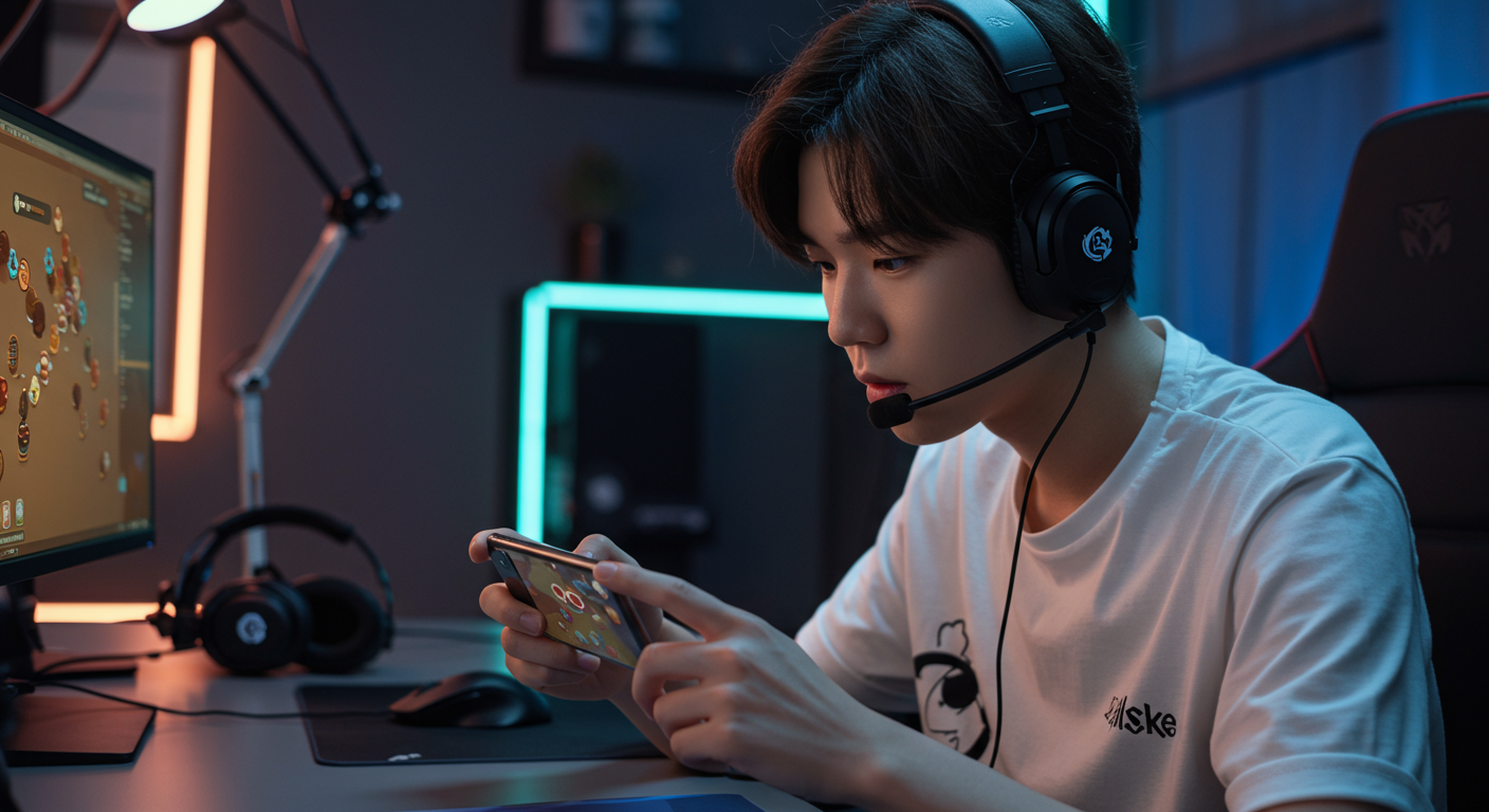 젊은 게이머가 스마트폰에서 쿠키런 게임에 집중하는 모습