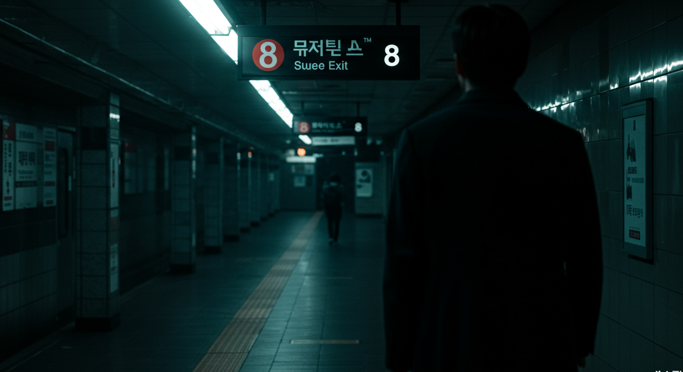 지하철 출구를 배경으로 한 한국 영화 포스터, 그림자 속 인물
