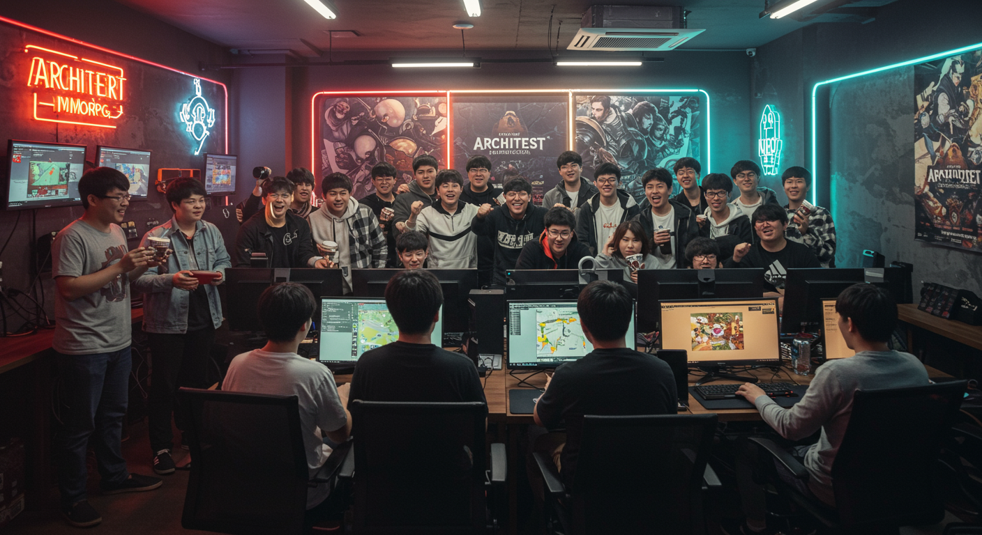 게이밍 카페에서 아키텍트 MMORPG 출시에 열광하는 게이머들