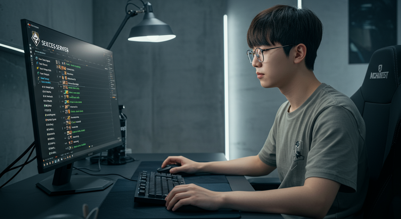 컴퓨터 화면 앞에서 신중하게 서버를 선택하는 게이머