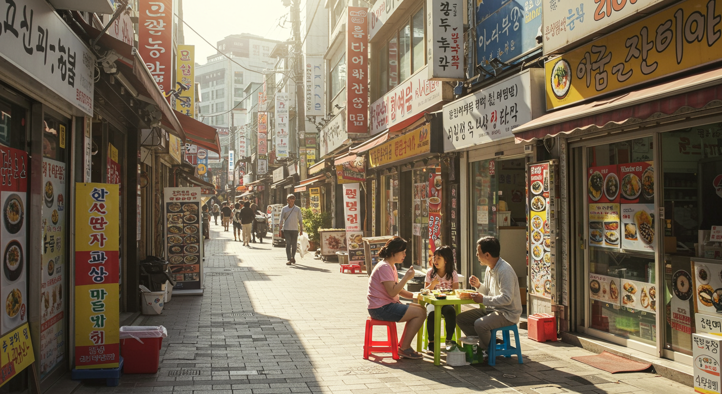 한국 거리에서 현대적이고 분주한 김밥집 앞에서 김밥을 먹고 있는 가족