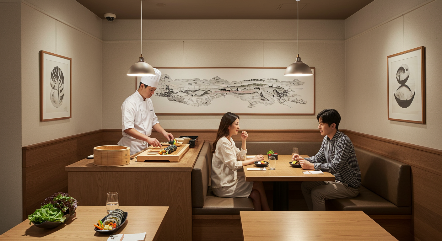 서울 고급 김밥집 내부에서 신선한 재료로 김밥을 만드는 셰프와 식사하는 커플