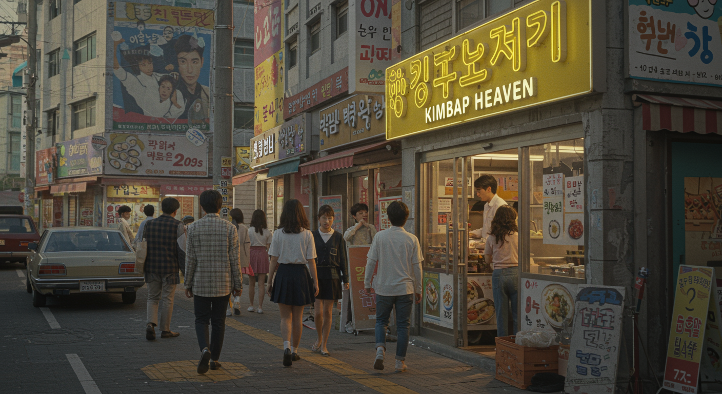 서울 거리에서 사람들이 들어가는 김밥천국 점포와 활기찬 분위기