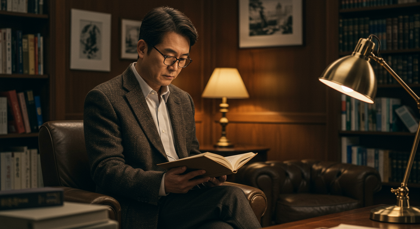 한국 교수로서 조용한 서재에서 책을 읽고 있는 모습