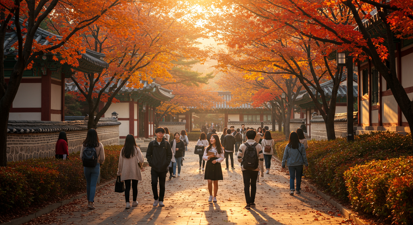 가을철 한국 대학 캠퍼스를 걷고 있는 학생들 모습