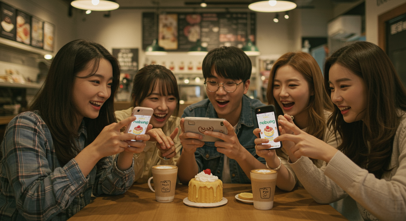 카페에서 나붕이 테마가 적용된 스마트폰을 공유하며 즐거워하는 젊은 사람들