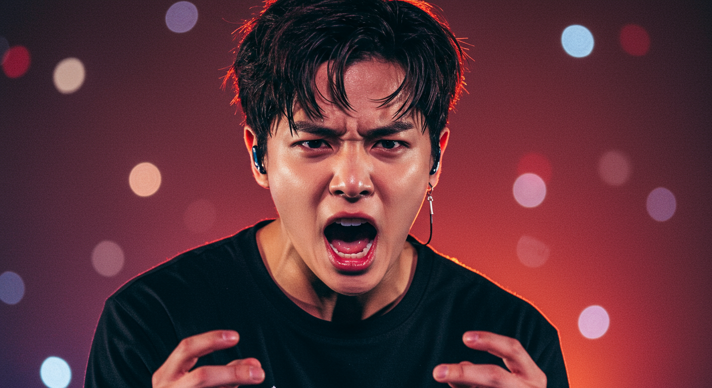 무대 위에서 감정을 담아 열정적으로 노래하는 가수의 클로즈업