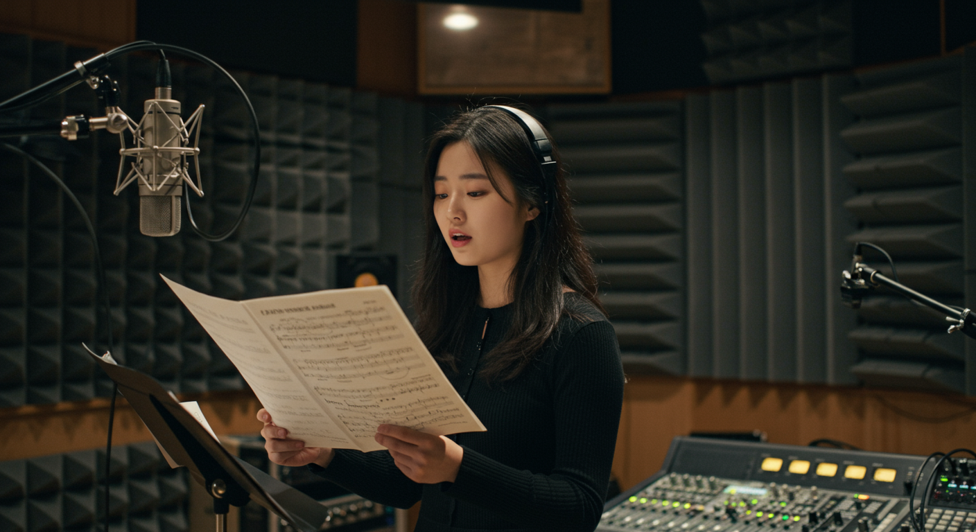 방음 시설이 완비된 스튜디오에서 악보를 보고 발성 연습 중인 보컬리스트
