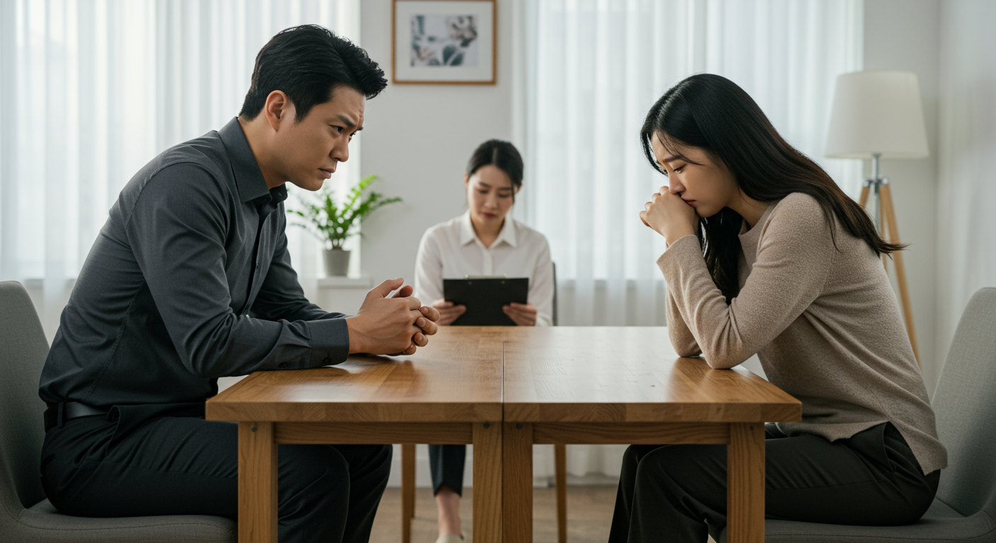 상담 중인 부부가 서로 다른 감정을 보이는 모습