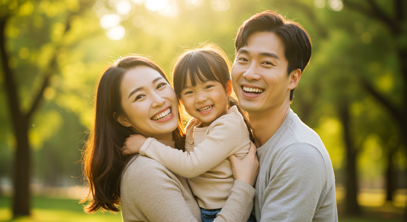 공원에서 딸과 함께 행복해하는 한 쌍의 커플