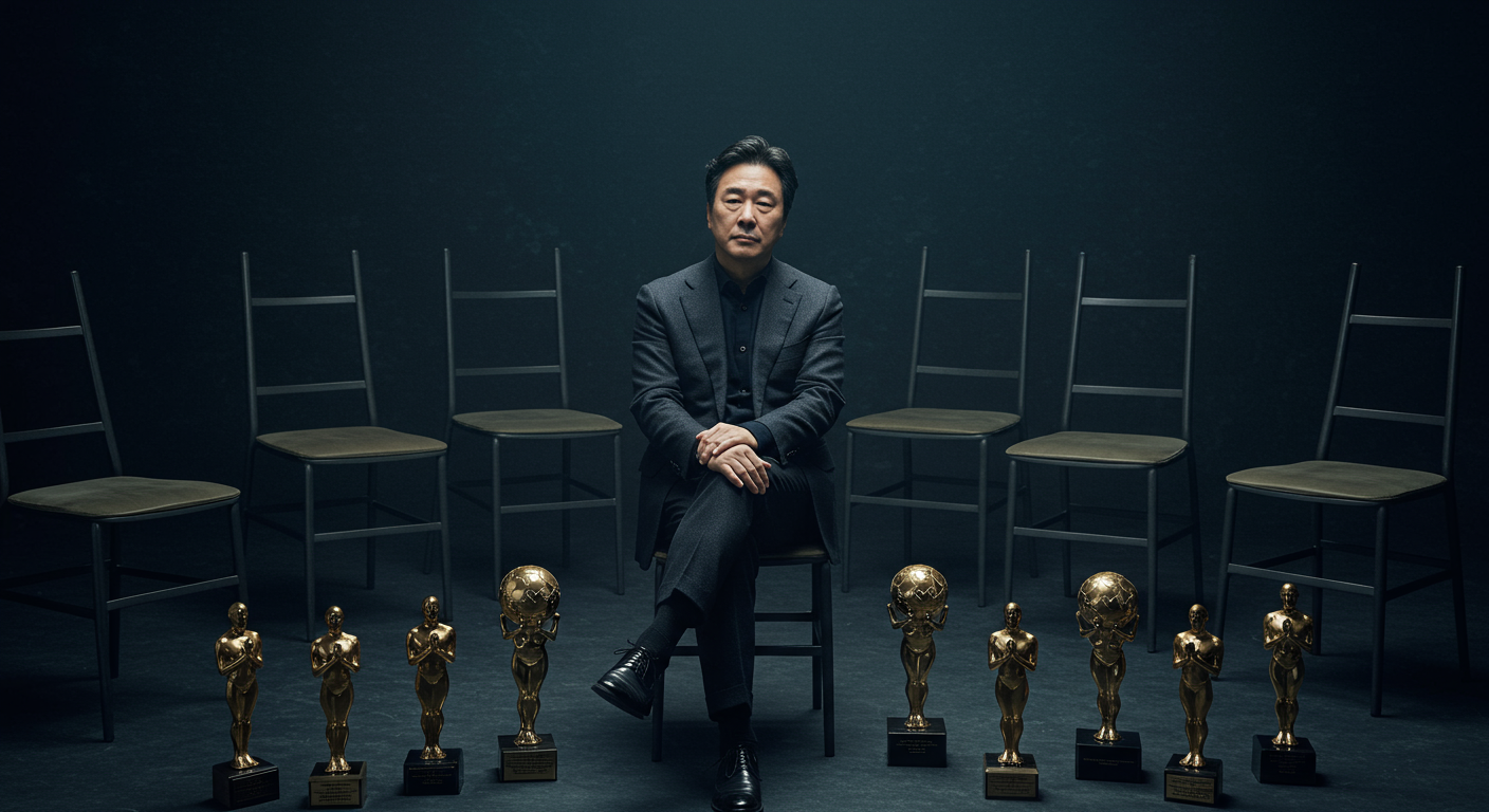 국제 영화제 상패로 가득한 방에서 홀로 있는 한국 영화감독의 모습