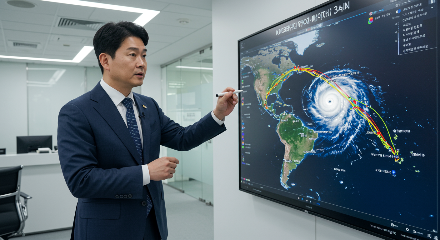 한국 기상학자가 사무실에서 디지털 지도를 사용하여 태풍 이름의 중요성을 설명하는 모습