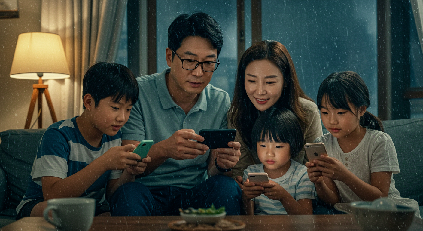 한국 가족이 집에서 스마트폰 날씨 앱을 확인하며 창밖 비오는 풍경을 보는 모습