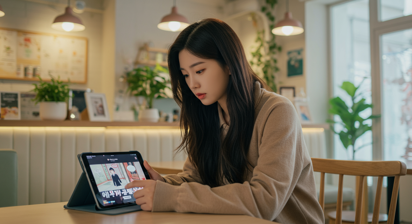 카페에서 태블릿으로 스릴러 웹툰을 읽는 젊은 여성의 집중된 모습