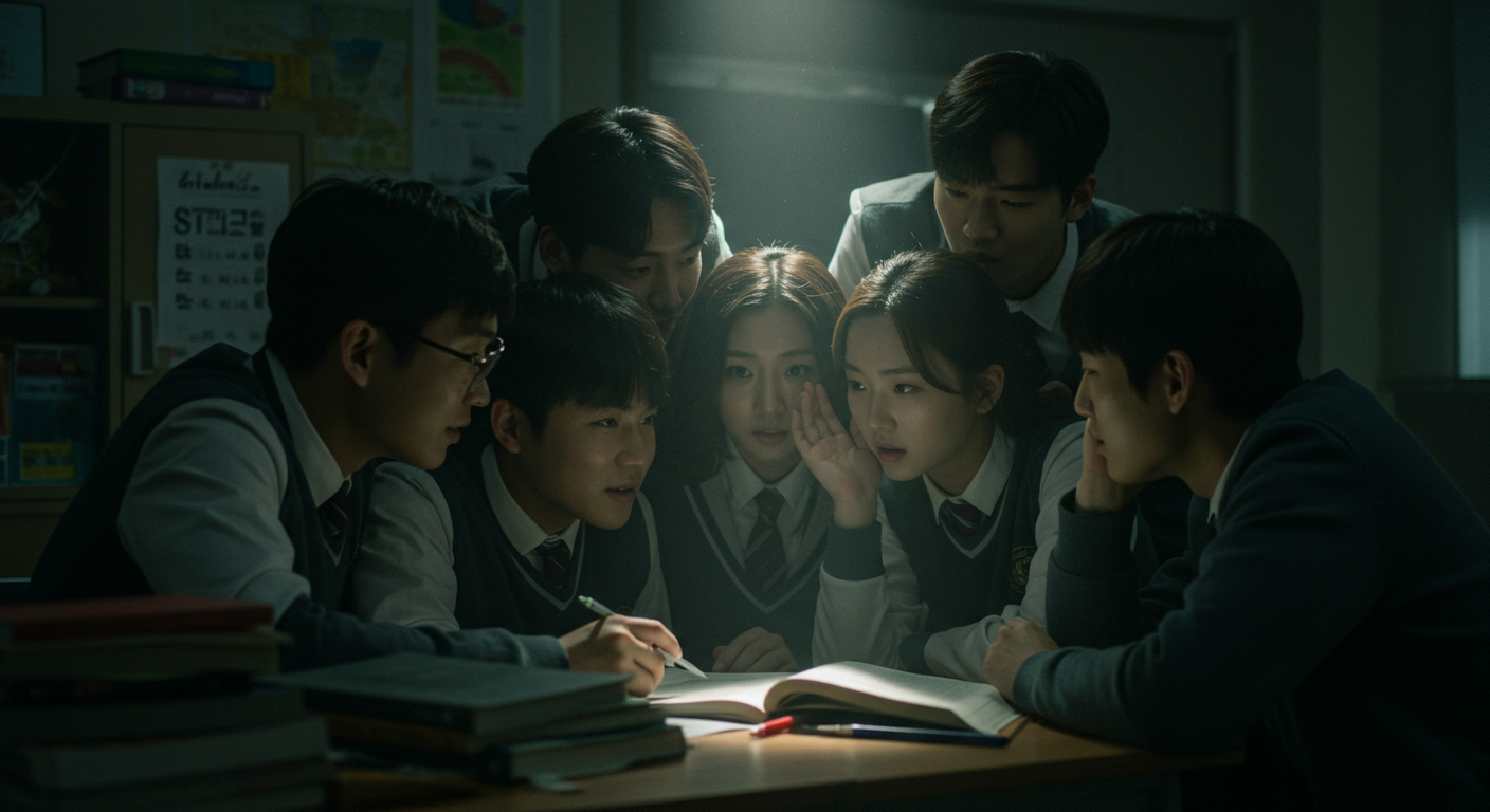 어두운 교실에서 비밀스럽게 모여 있는 고등학생들의 모습
