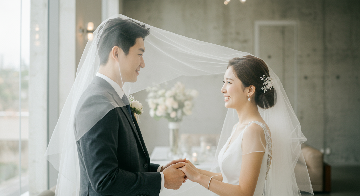 현대적이고 클래식한 결혼식 배경에서 사랑스럽게 서로를 바라보는 커플