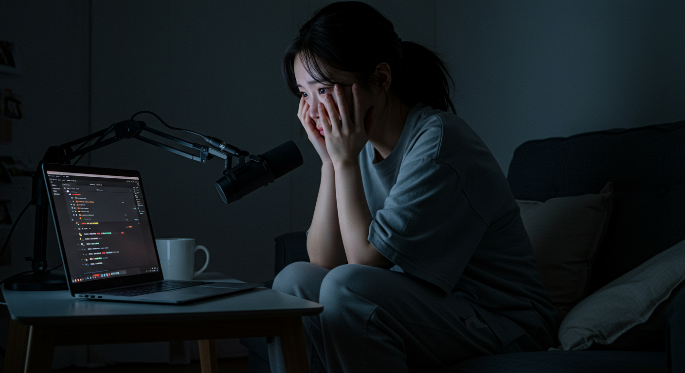 어두운 방에서 노트북으로 방송을 준비하는 한국 여성 유튜버의 모습