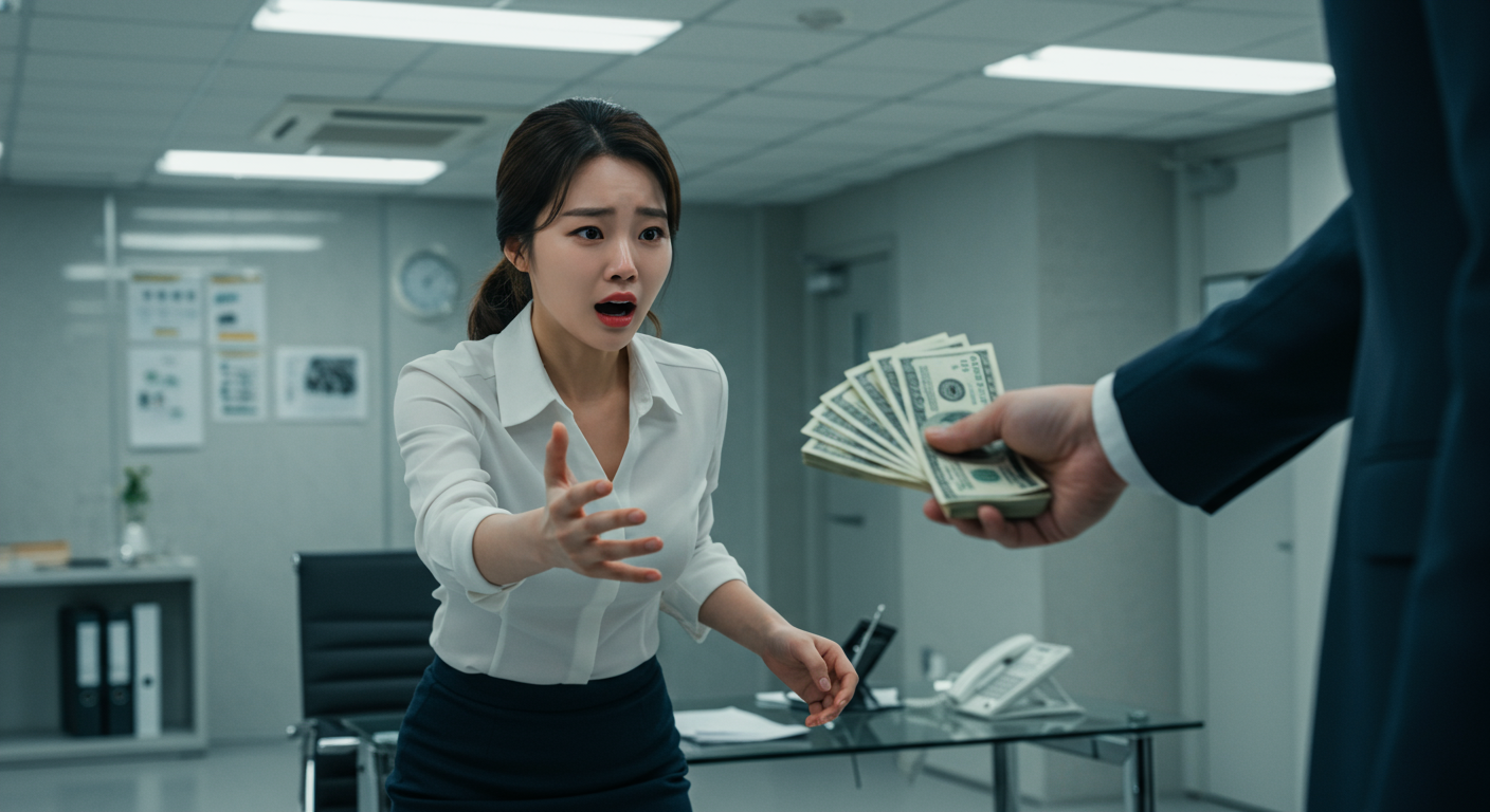 사무실에서 젊은 여성이 돈을 빼앗기는 장면