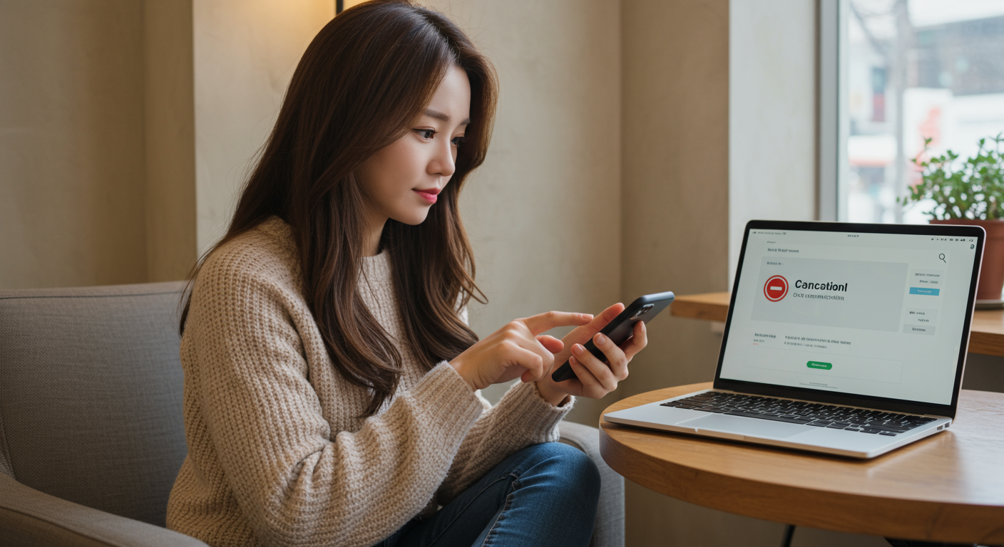 카페에서 스마트폰 앱으로 거래 취소를 진행하는 여성
