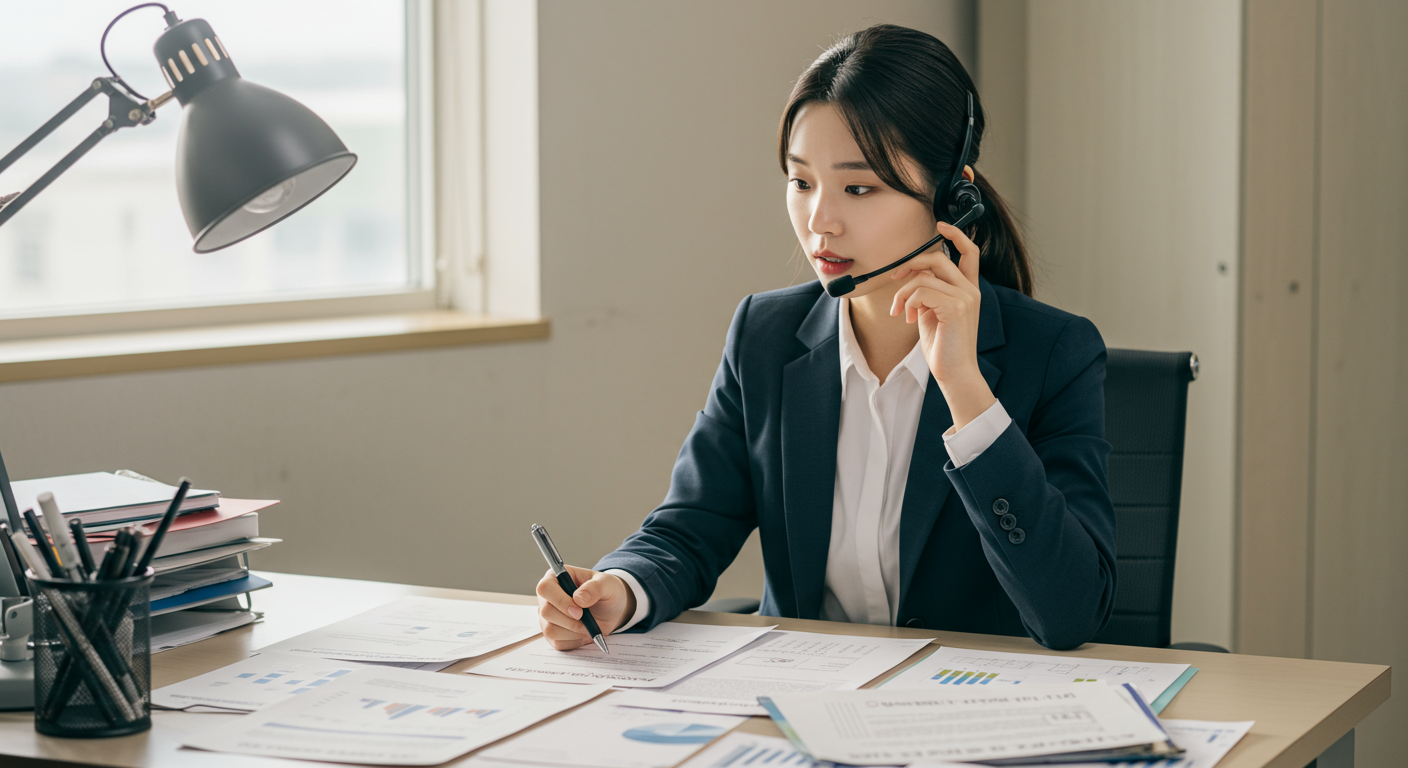 사무실에서 전화 상담 중인 고객 서비스 직원