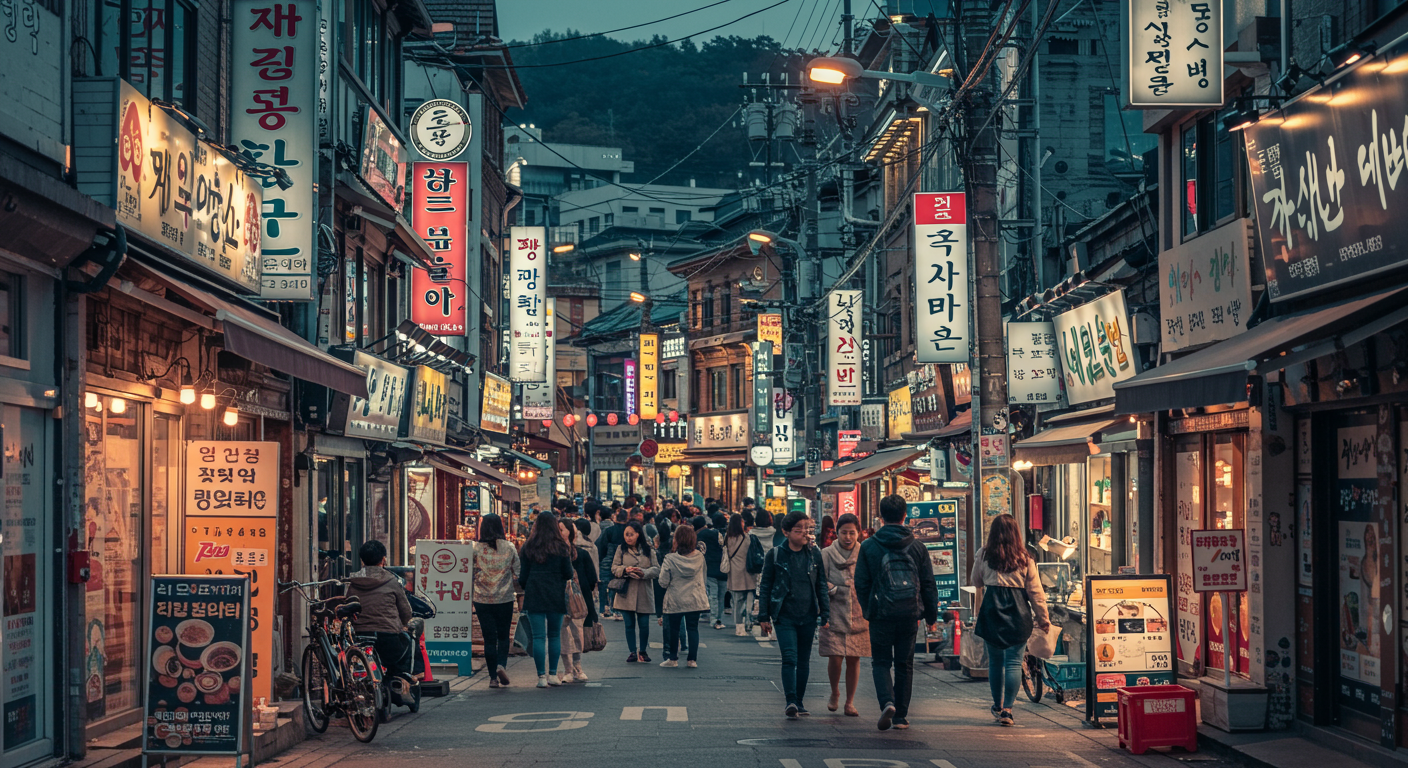 분주한 한국 거리에서 눈에 띄지 않게 자연스러운 순간을 찍는 사진작가