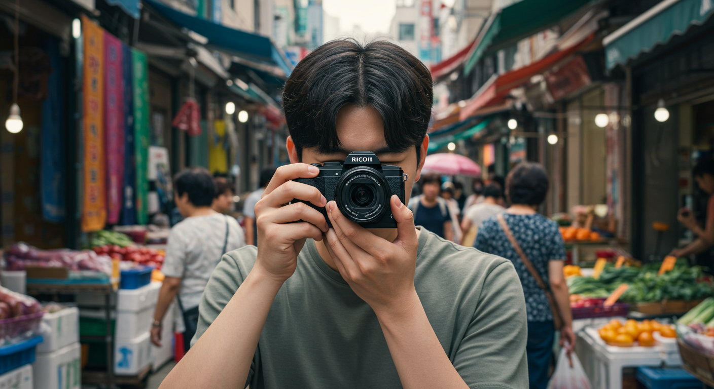 젊은 한국인이 리코 GR3X 뷰파인더를 통해 다채로운 시장 풍경을 바라보는 모습
