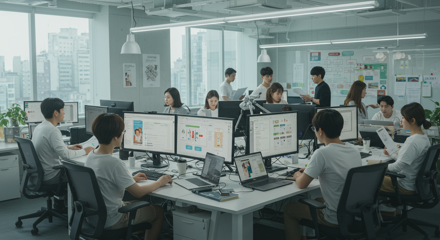 서울의 현대적인 사무실에서 한국인 전문가들이 육아 기술 솔루션을 개발하는 장면