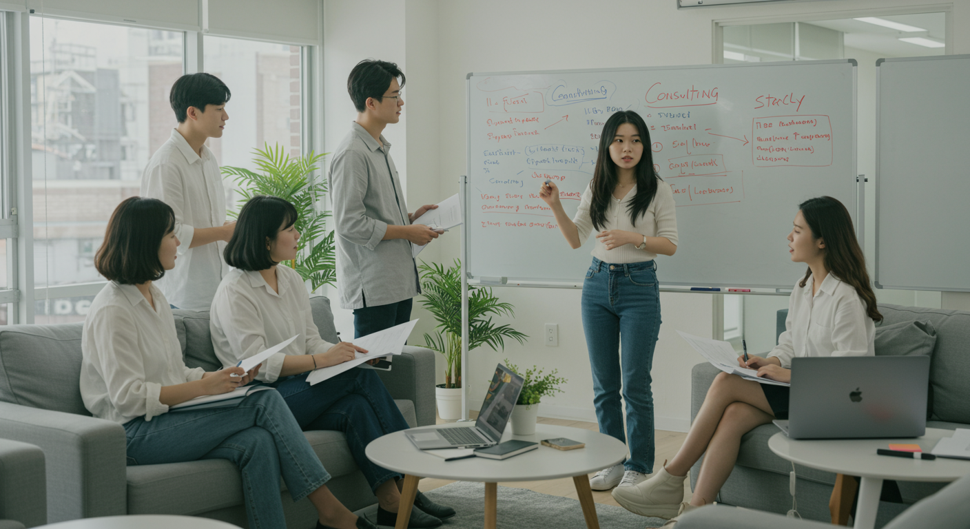 빠르게 성장하는 스타트업에서 전략적 사고와 컨설팅 역량을 논의하는 장면