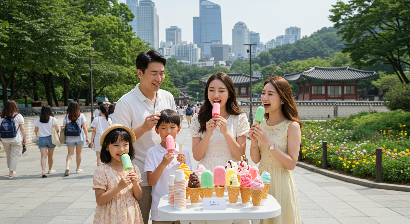 서울의 한 여름날 특별한 아이스크림 바를 즐기는 가족