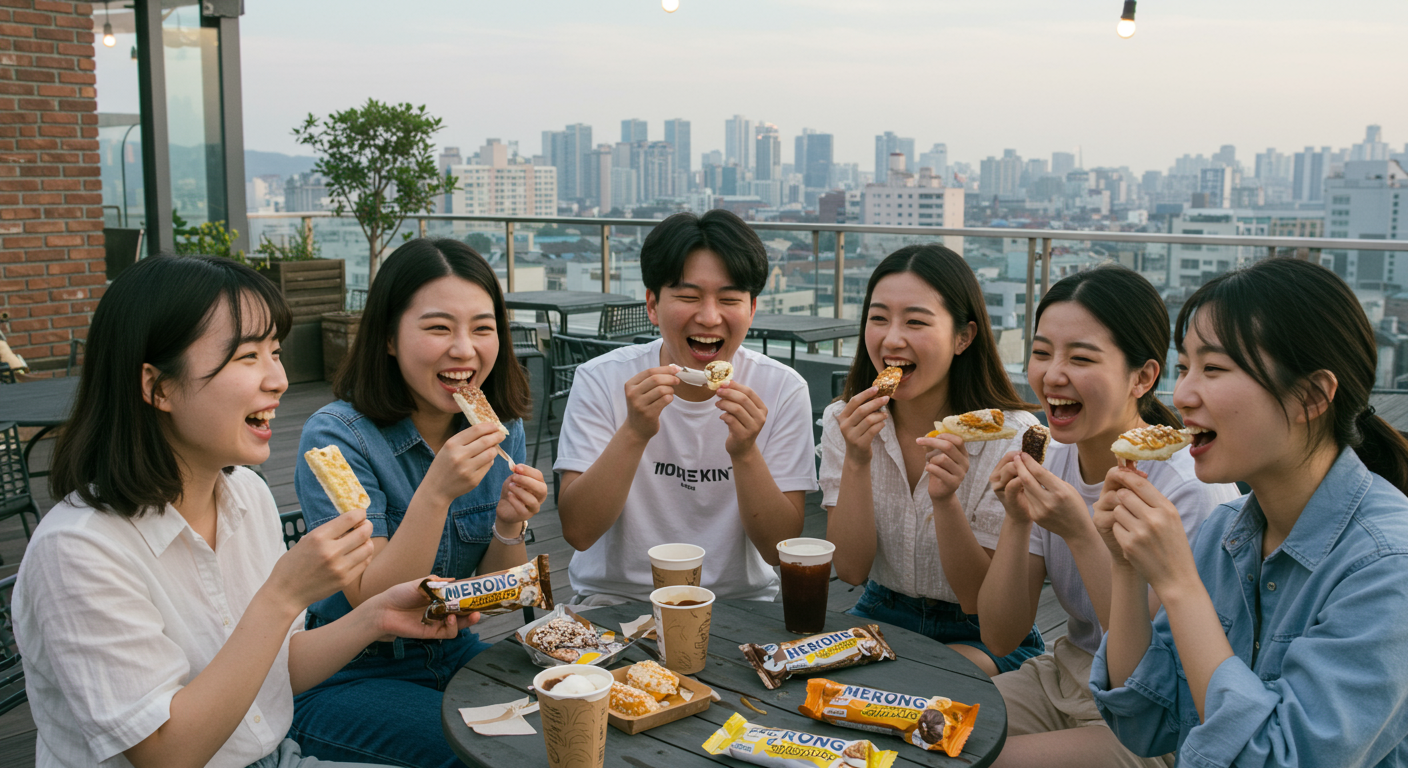루프탑 카페에서 친구들이 다양한 온도의 메롱바를 체험하는 모습