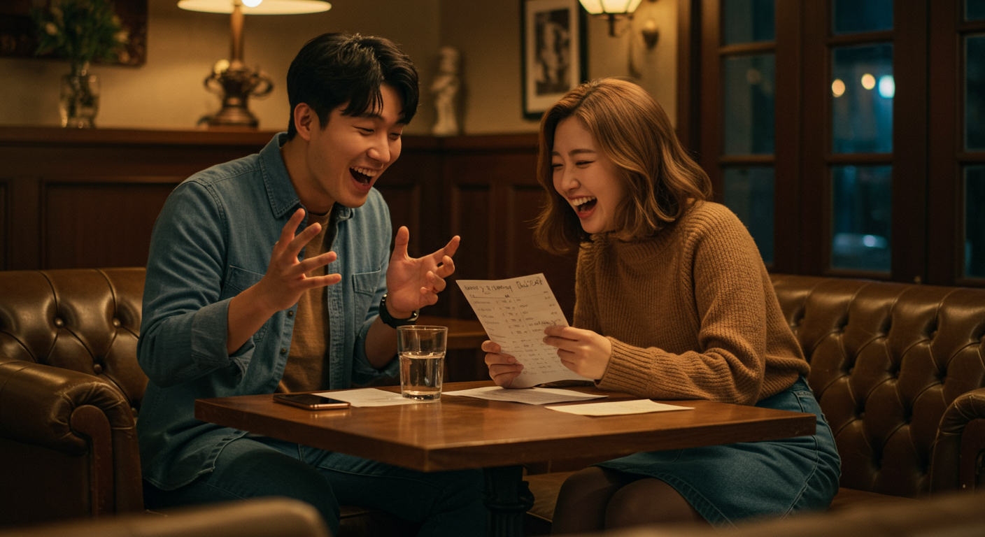 카페에서 넌센스 퀴즈로 웃고 있는 커플의 모습