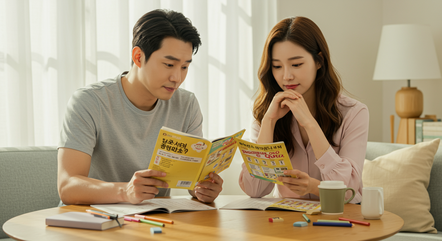 중급 수준의 넌센스 퀴즈를 고민하는 커플의 장면