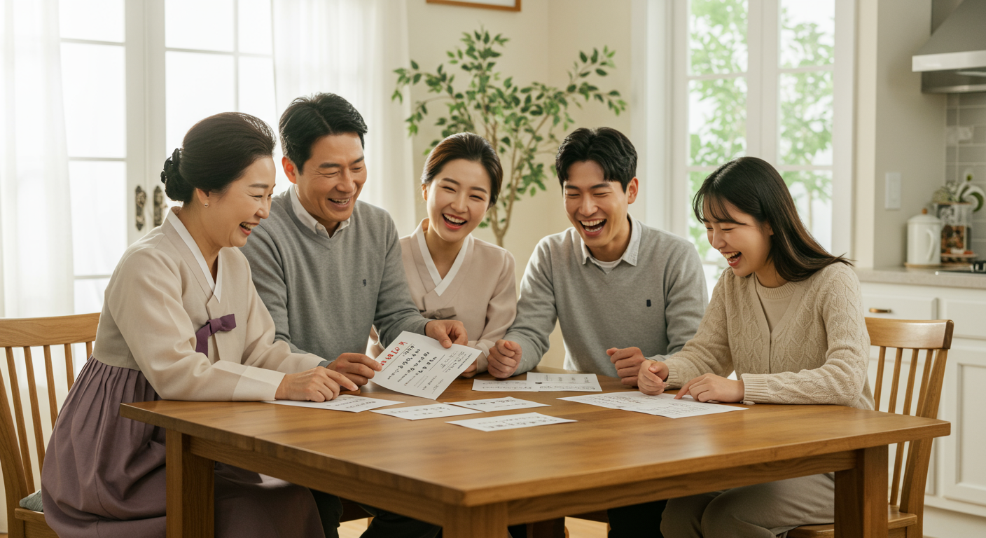 여러 세대가 함께 모여 언어유희 기반의 퀴즈로 웃음을 나누는 가족