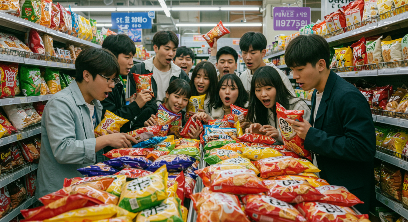 젊은 사람들이 편의점에서 자신의 이름이 적힌 과자를 찾고 있는 활기찬 모습
