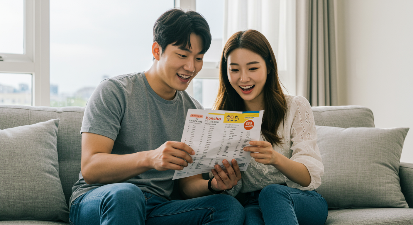 현대적인 거실에서 칸쵸 포장지를 들고 자신의 이름을 찾는 젊은 커플
