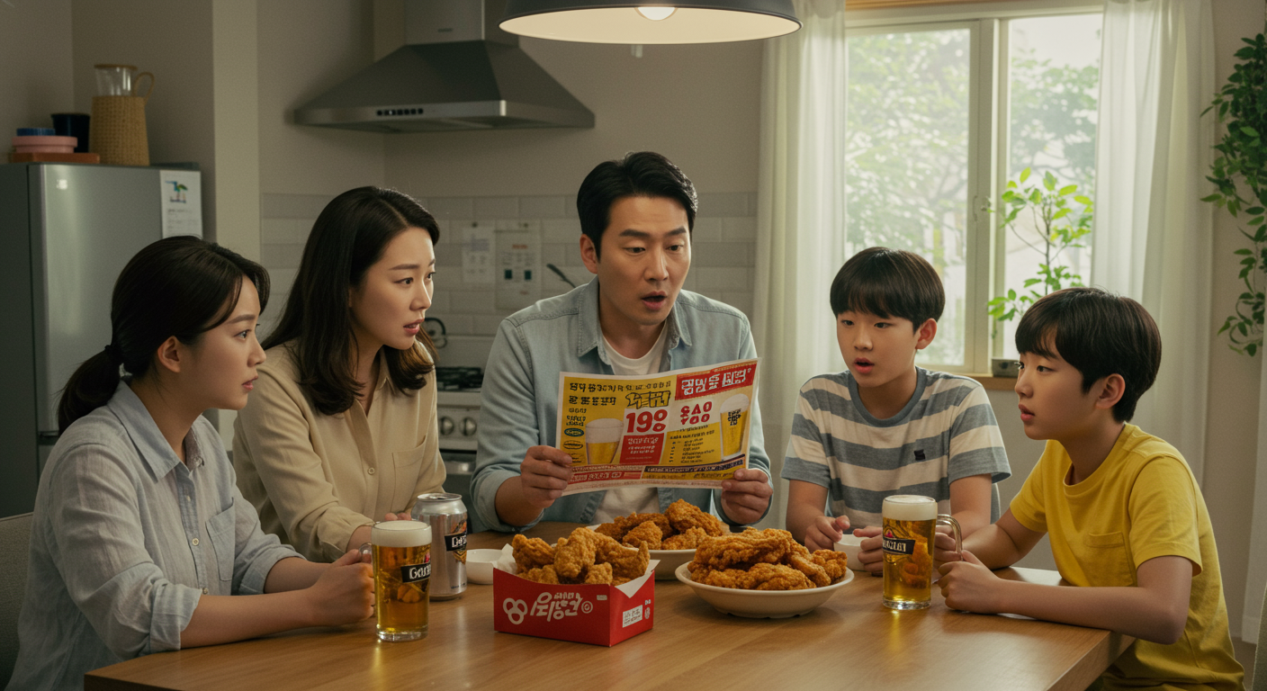 현대적인 한국 가족이 집에서 프라이드 치킨과 맥주를 즐기며 가격 차이에 놀라는 모습