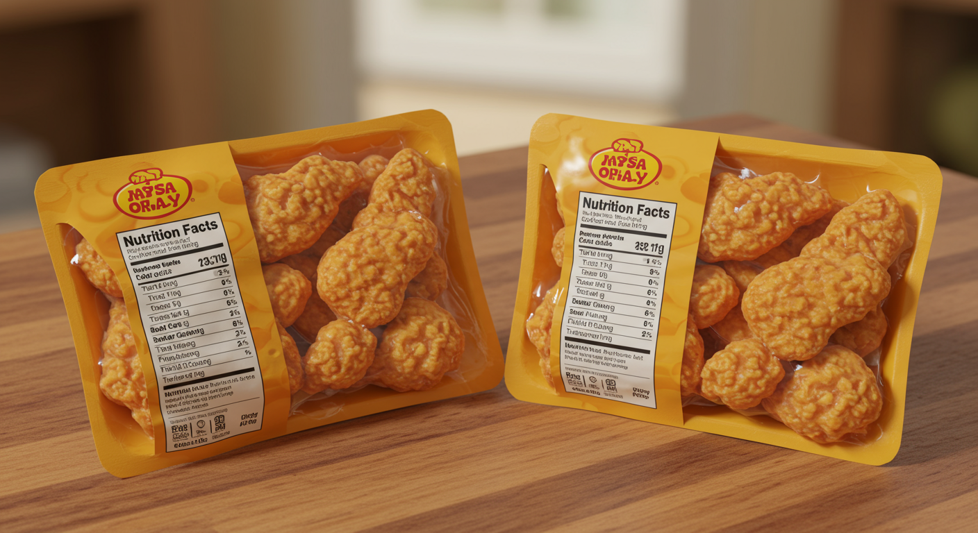 두 가지 다른 치즈 맛 치킨의 칼로리와 재료 목록을 나란히 보여주는 영양 라벨 비교