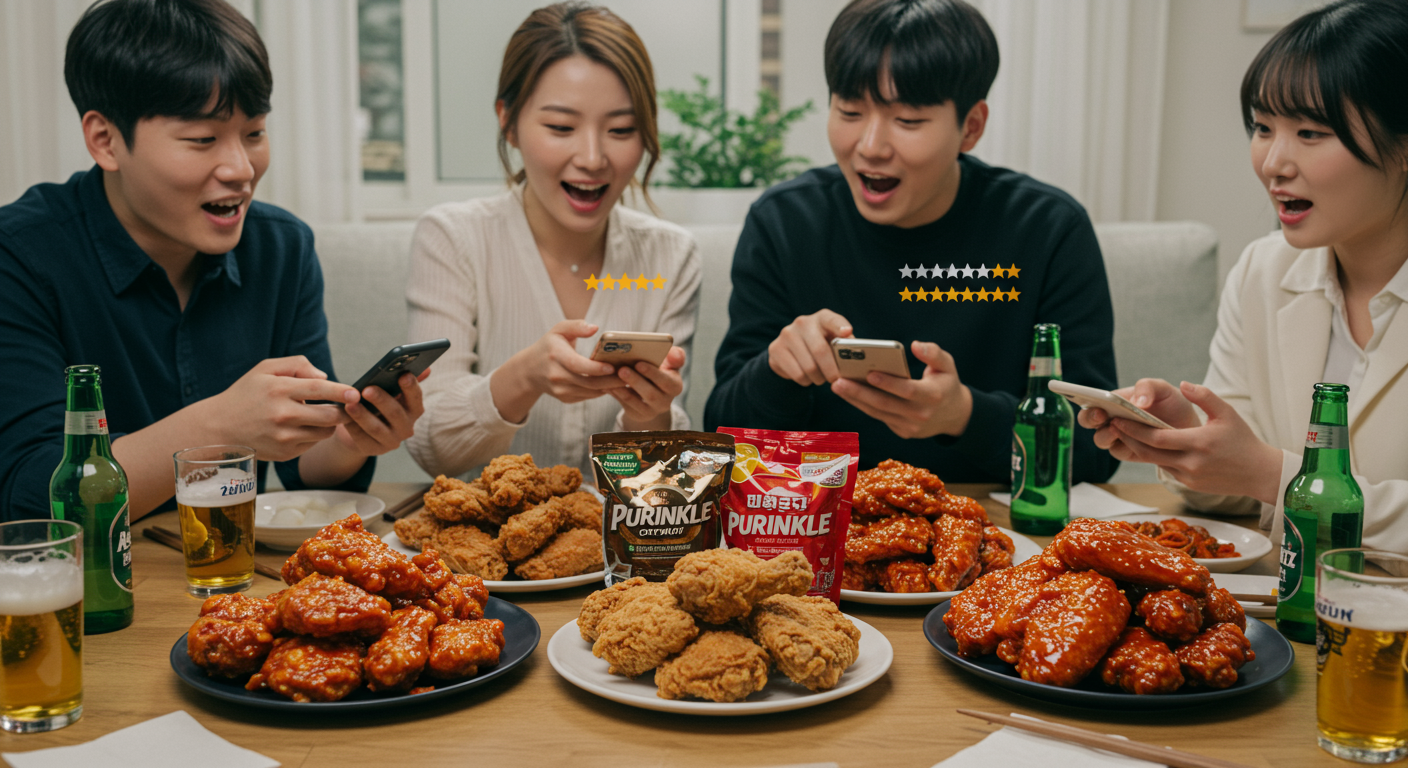 여러 명의 한국 소비자가 테이블에 앉아 두 종류의 치킨을 맛보고 스마트폰으로 별점을 매기는 장면
