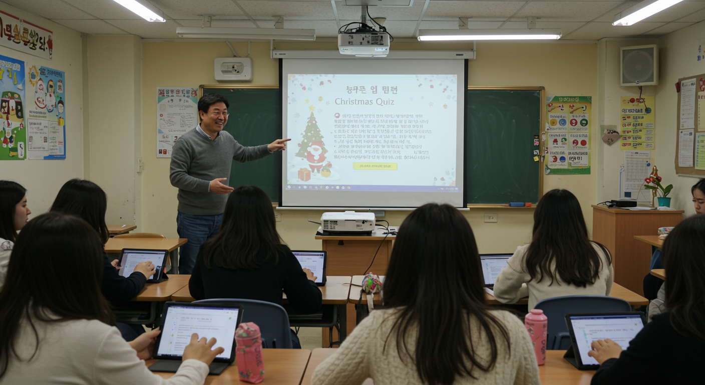 교사가 교실에서 프로젝터로 크리스마스 초성 퀴즈를 진행하는 모습