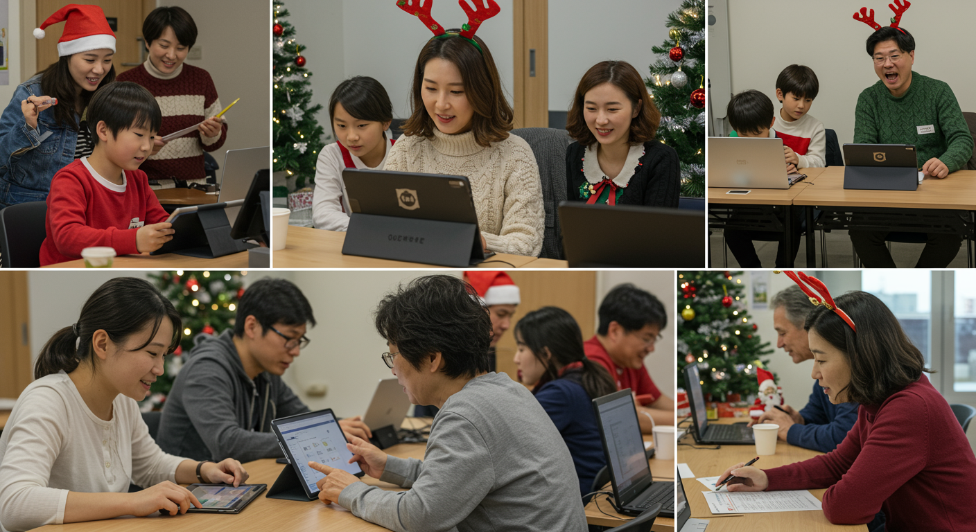 여러 연령대의 사람들이 다양한 기기에서 다른 난이도의 초성 퀴즈를 풀고 있는 장면