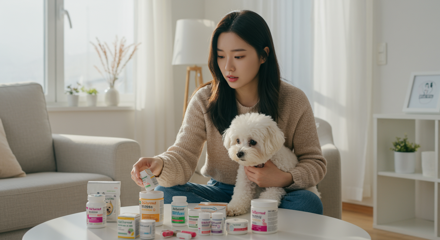 현대적인 실내에서 작은 강아지를 데리고 다양한 약품을 살펴보는 모습